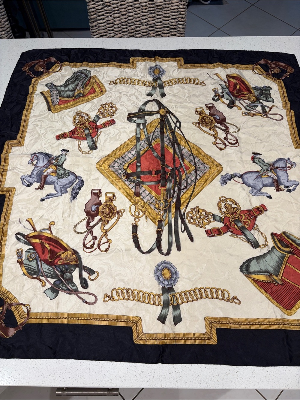 Elegant Equestrian Printed Silk Scarf - Black, Cream, green & Red.